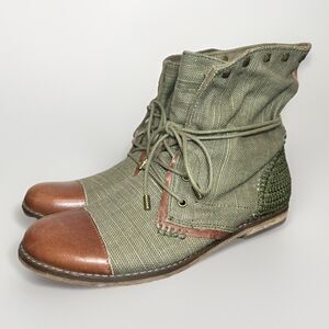 The SAK Studded Green Brown Crochet Textile Lagenlook Ankle Boots Women's 6